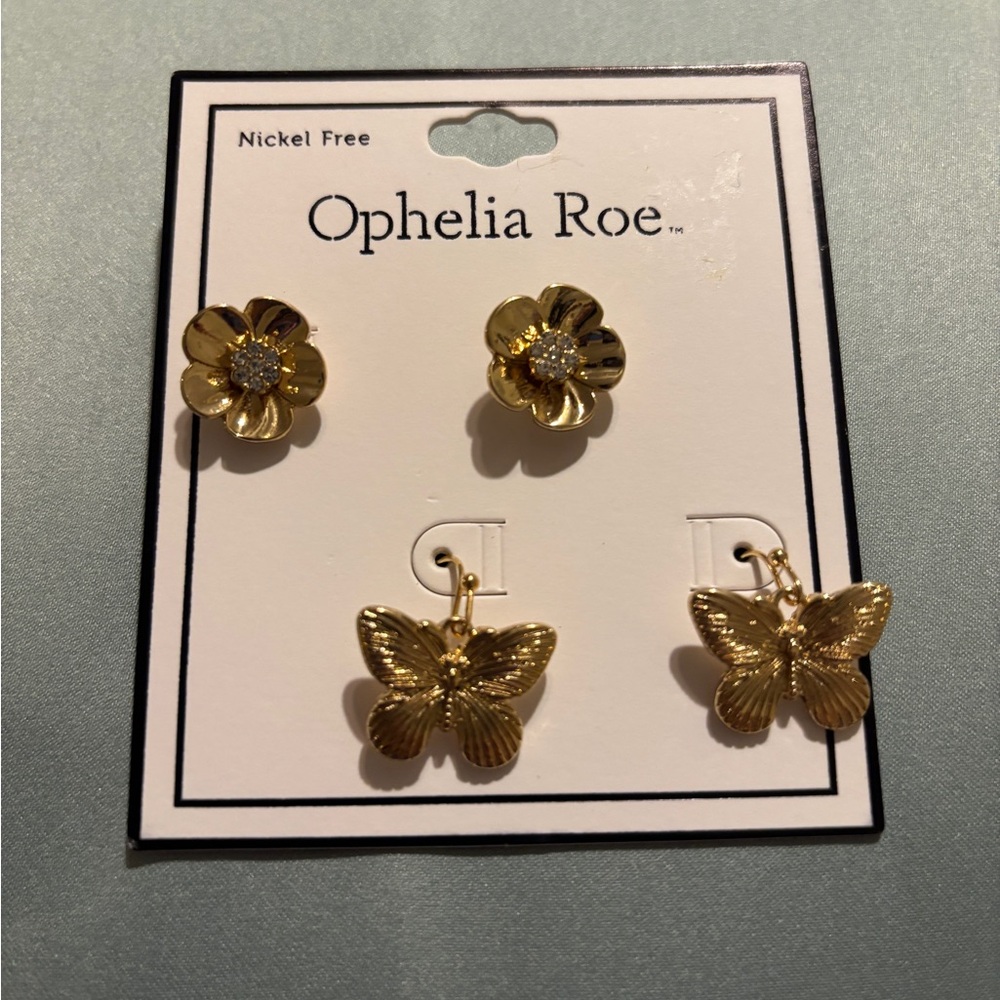 Ophelia Roe Gold Flower Studs with Crystal Center & Butterfly Drops